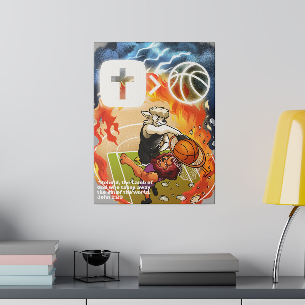 Behold the Lamb of God Matte Canvas Wall Art! Jesus is Bigger than Basketball Art Collection.