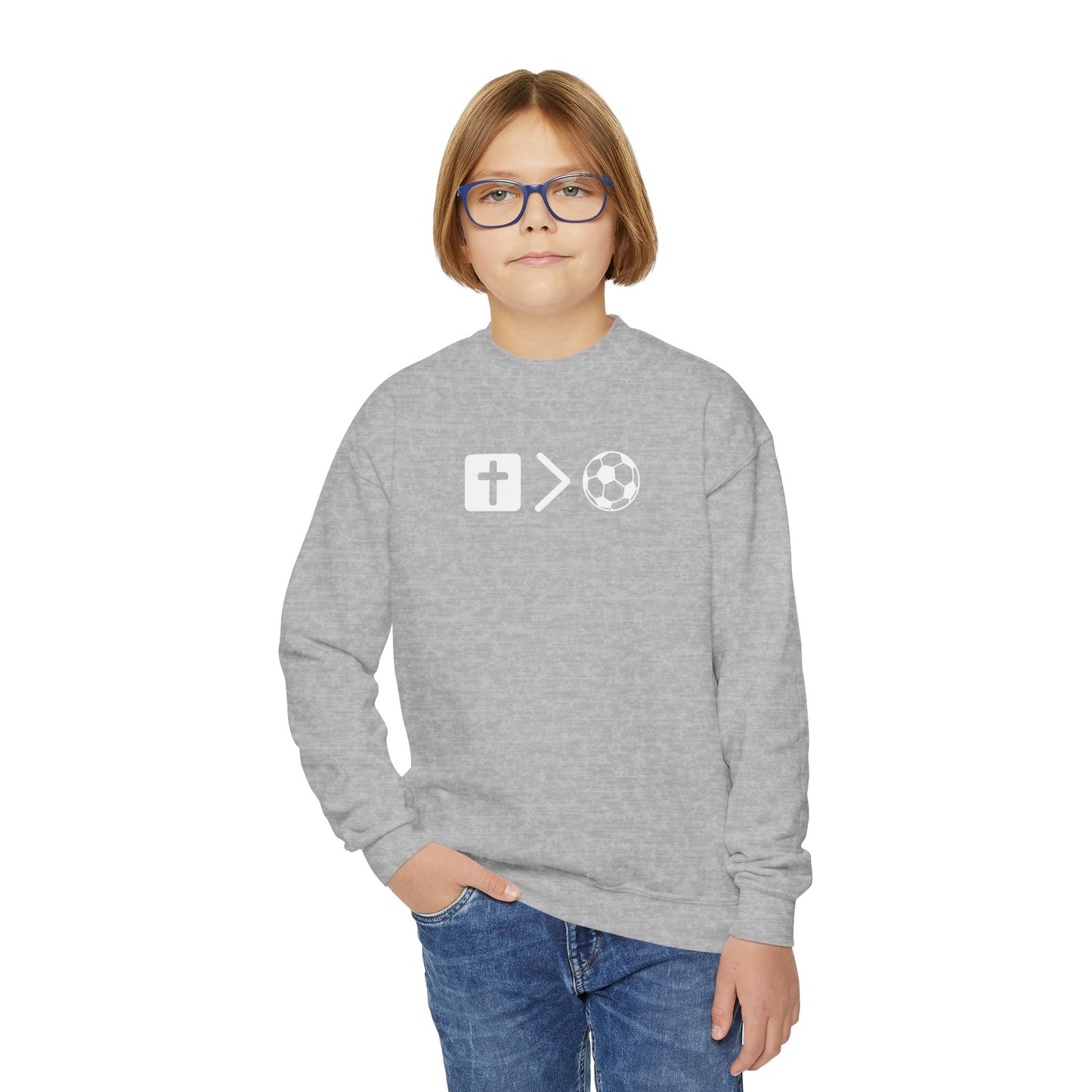 Jesus is bigger than soccer Youth Crewneck Sweatshirt