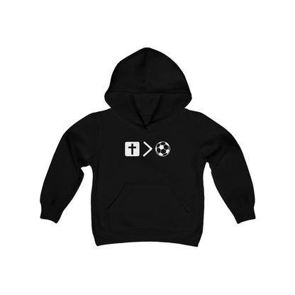 Jesus is bigger than soccer Youth Heavy Blend Hooded Sweatshirt