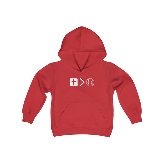 Jesus is bigger than baseball Youth Heavy Blend Hooded Sweatshirt