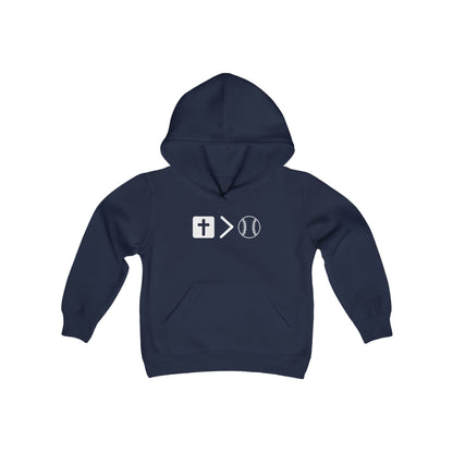 Jesus is bigger than baseball Youth Heavy Blend Hooded Sweatshirt