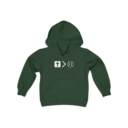 Jesus is bigger than baseball Youth Heavy Blend Hooded Sweatshirt